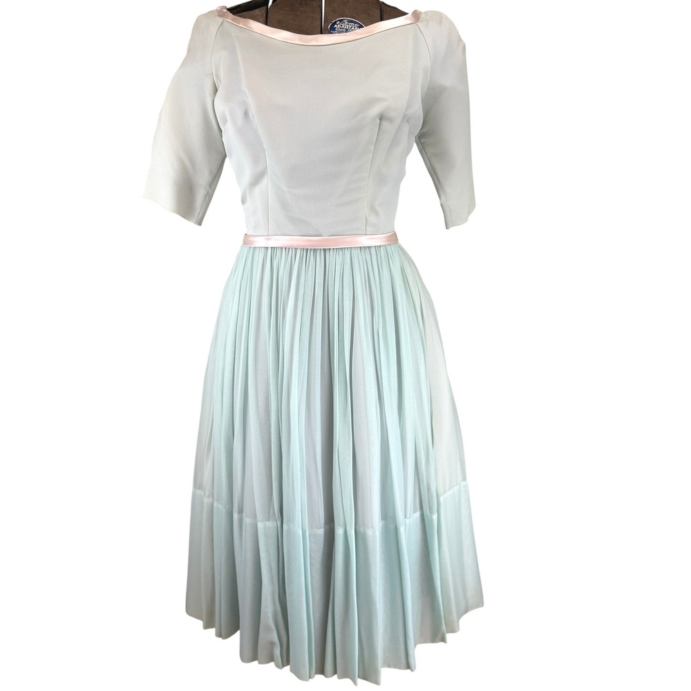 Vintage 50s HARRY KEISER Chiffon Party Dress|12|Blue Pink Satin Bows Cupcake USA